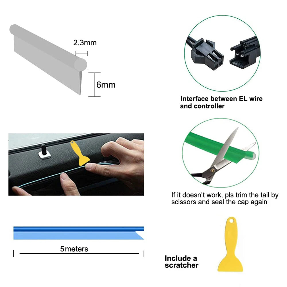 Bande lumineuse LED néon EL de 5 m pour intérieur de voiture – Éclairage d'ambiance flexible USB pour décoration automobile