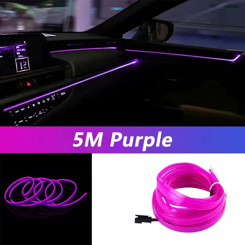 Bande lumineuse LED néon EL de 5 m pour intérieur de voiture – Éclairage d'ambiance flexible USB pour décoration automobile